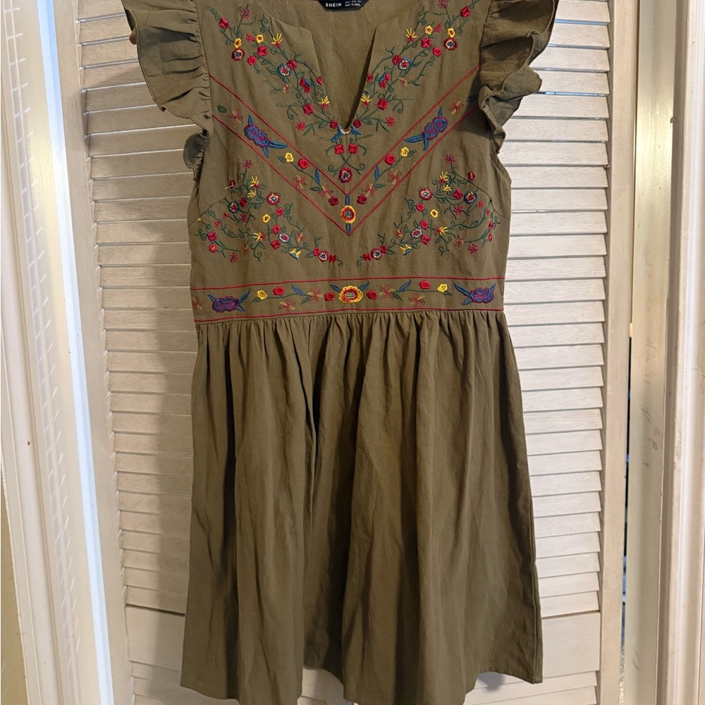 SHEIN Olive Dress with Floral Embroidery